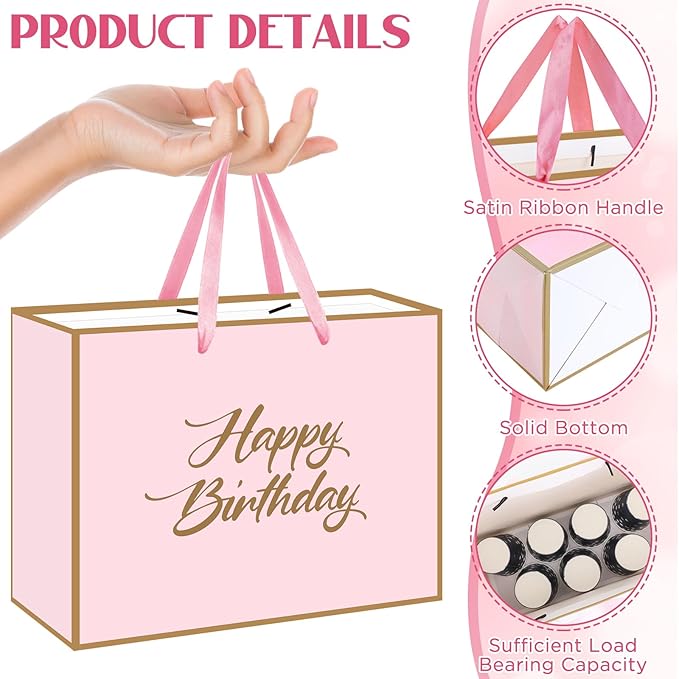 Yomaiha Pink Happy Birthday Gift Bag with Tissue Paper and Greeting Card, Pink Gold Birthday Wrapping Bag for Women Girls, Mom Wife Girlfriend Sister Friend Coworker Classmate Bday Party Supplies