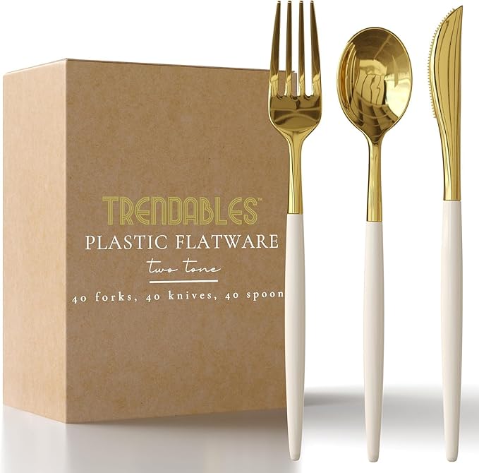Trendables 120 Pack Disposable Silverware Set - Ivory & Gold Plastic Cutlery Dinnerware - Includes 40 Forks, 40 Spoons, 40 Knives - Party Set