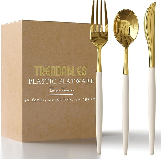 Trendables 120 Pack Disposable Silverware Set - Ivory & Gold Plastic Cutlery Dinnerware - Includes 40 Forks, 40 Spoons, 40 Knives - Party Set