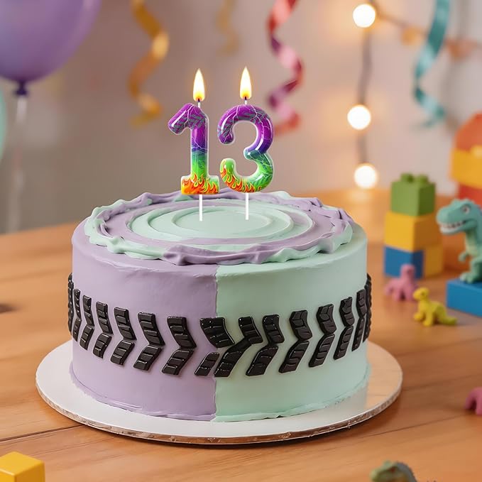 Number 3 Birthday Candle for Cake – Purple Green Flame Design with Lightning & Tire Track Pattern – Off-Road Truck Theme Cake Topper for Birthday Party Decoration