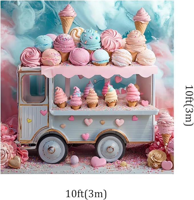 Kate 10x10ft Ice Cream Truck Happy Birthday Party Photography Backdrops Delicious Ice Cream Love Balloon Candy Photo Background Cake Smash Backgrounds