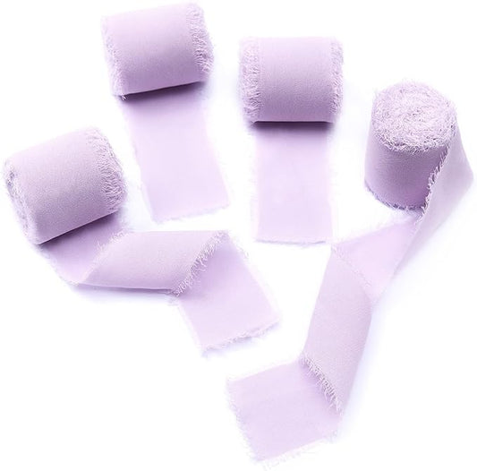 4 Rolls Light Purple Handmade Fringe Chiffon Silk Ribbon 1.5" W x 5Yd Per Roll,Frayed Edges Ribbon Set for Gifts Wrapping,Wedding Invitations,Bouquets,DIY Crafts (1.5" x20Yd, Light Purple)
