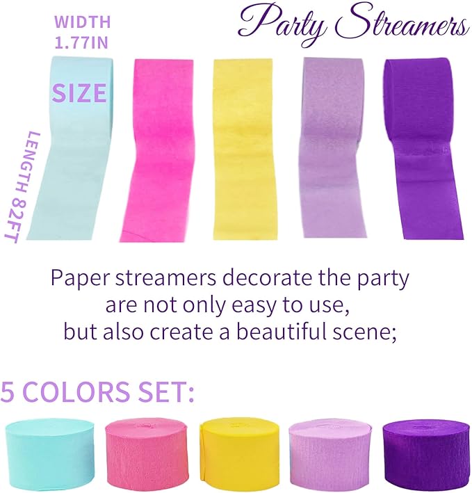 Purple Pink Blue Crepe Paper Streamers, Rainbow Birthday Party Decorations - Hot Pink Purple Teal Blue Yellow Streamers(5 Rolls) for Magic Demon Hunters Dollhouse Kitties Unicorn Colorful Party
