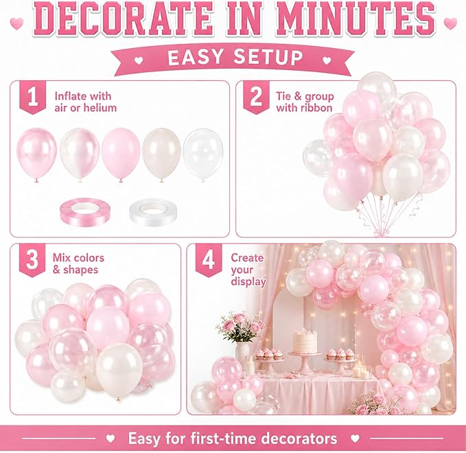 Pink Balloons, 60Pcs Pink and White Balloon, 12 Inch Latex Pastel Pink Balloons Helium for Women Girls Birthday Baby Shower Bridal Shower Gender Reveal Romantic Wedding Engagement Party Decorations