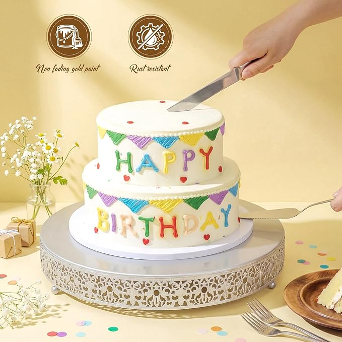Wenqik 16 Inch Silver Cake Stand Set Metal Round Cupcake Dessert Stand with Cake Cutting, Spatula Wedding Cupcake Pastry Display Candy Holder Display for Wedding Party Birthday Baby Shower(Classic)