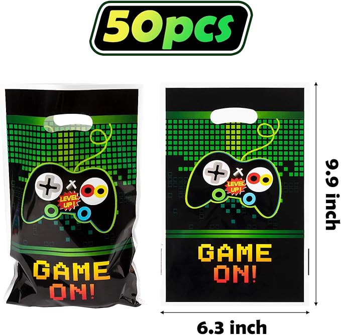 PANTIDE Video Games Party Favor Bags, Game On Plastic Loot Gifts Bags, Gaming Goody Candy Treat Bags for Video Game Themed Birthday Party Supplies Decorations, Set of 50