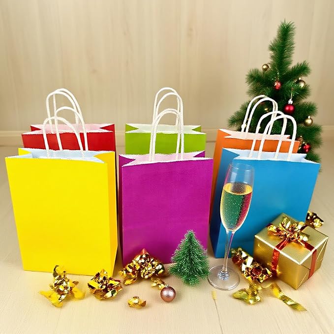 Sanyuanzhou 36 Pack Gift bags with handles，8.2"×3.1"×5.9" paper bags with handles bulk，For children's birthdays, baby showers, crafts, weddings, party supplies (6 colors)