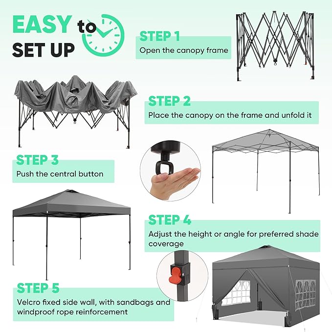 GDY 10x10 Pop Up Canopy Tent with 4 Sidewalls, Easy Set up with One Push Lift Outdoor Silver Coated Beach Gazebos, Carpas with 4 Sandbags, for Events, Parties,Camping, Gray.