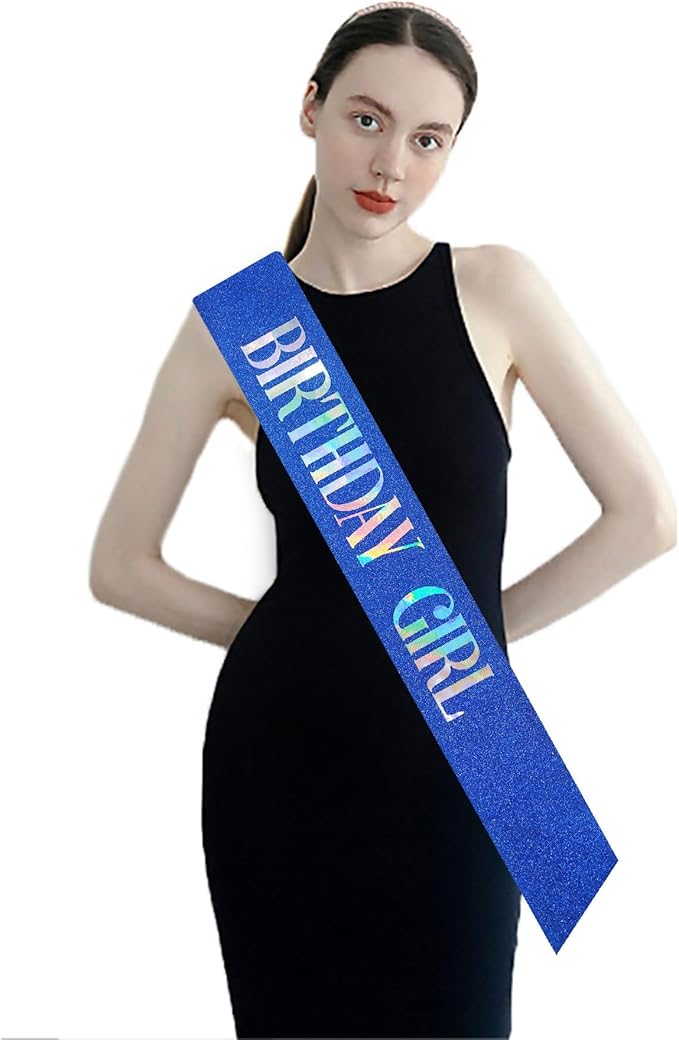 MGJSRNH 'Birthday Girl' Sash with Silver Iridescence Foil - Glitter Satin Blue Sashs for Women's Happy Birthday Celebrations