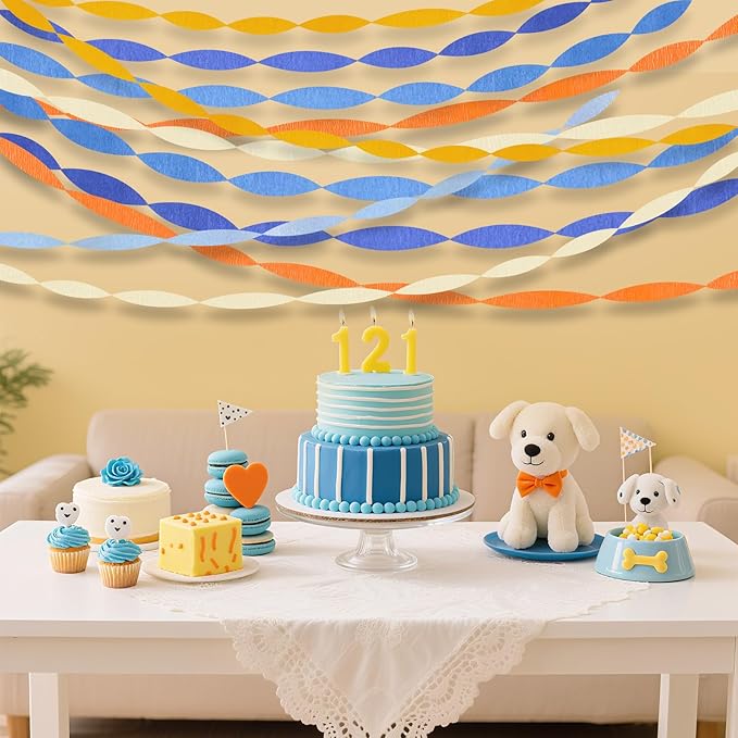 Blue Orange Birthday Party Decorations, 12 Rolls Orange Crepe Paper Streamers, Blue Dog Cartoon Anime Dragon Sign for Birthday Party Supplies