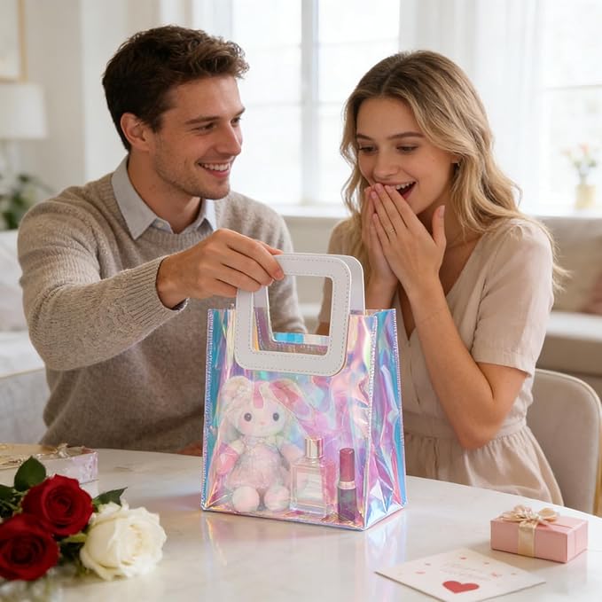 20 Pcs Reusable Holographic Medium Gift Bags with Handle 11''x9.8''x5.7'' Iridescent Bachelorette Party Favor Bags Clear PVC Tote Goodie Bags for Shopping, Picnics, Baby Showers, Weddings, Holidays
