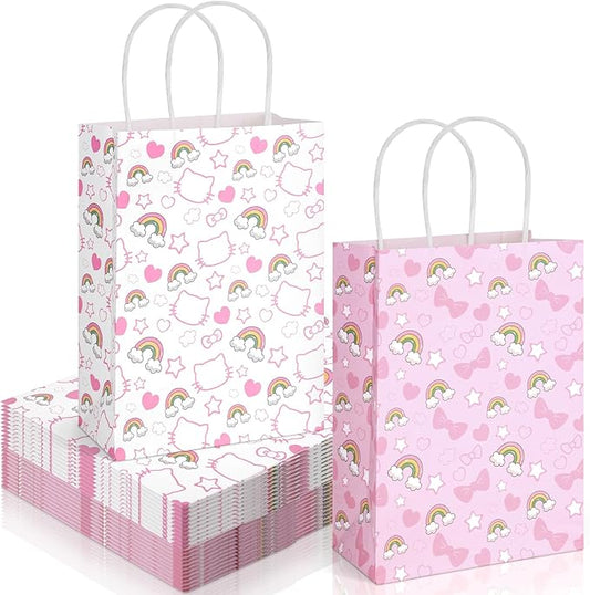 24 PCS Pink White Cute Kitty Paper Party Bag Cartoon Cat Themed Gift Bags with Twisted Handles Colorful Rainbow Pink Bow Treat Goodie Bag for Candy Snack Baby Shower Birthday Party Decoration Supplies