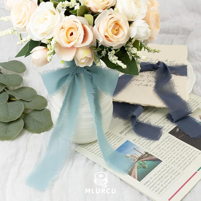 Dusty Blue Chiffon Ribbon 1.5 Inch x 21Yds Handmade Fringe Chiffon Silk Ribbon Dusty Blue/Slate Blue/Dark Blue Frayed Chiffon Ribbon for Wedding Invitation Flower Bouquets Bridal Shower Gift Wrapping