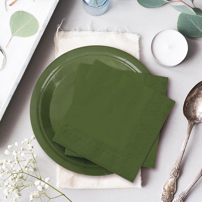 Whaline 100Pcs Olive Green Tableware Set Wedding Disposable Dinnerware Set 50Pcs Paper Plates 25Pcs Napkin 25Pcs Cups for Birthday Bride Shower Party Supplies Table Decorations