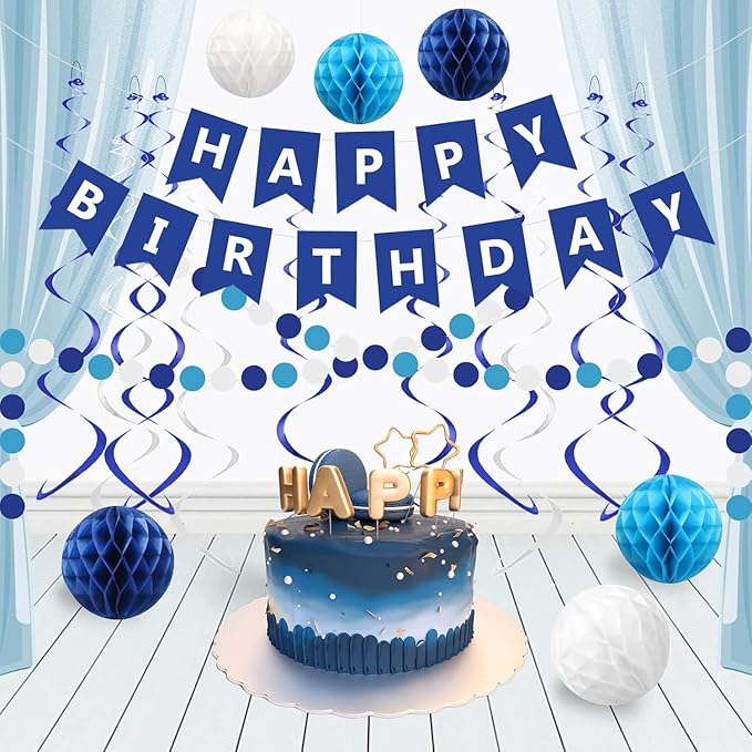 Blue Birthday Decorations Banner Navy Blue Happy Birthday decorations with 6 Honeycomb Balls,6 Metallic Hanging Swirls and Circle Dot Garland Decroations for boys men Birthday Party Decorations