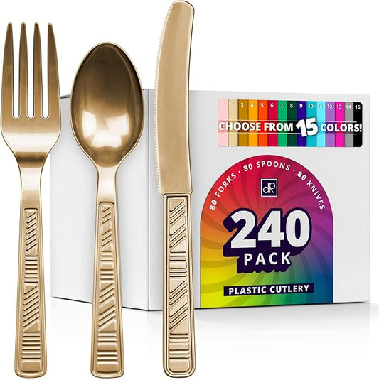 DecorRack Plastic Cutlery Set, Gold Colored Plastic Silverware Sets for Parties, 240 Piece Bulk Heavy Duty Utensils (Gold, 240 Pieces)