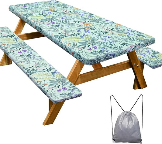 Picnic Table Cover with Bench Covers Camping Essentials Waterproof Windproof Camping Tablecloth with Drawstring Bag, Fitted Rectangle Tables and Seats, 72in, Gray Blue