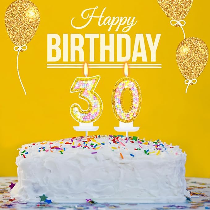 30th Birthday Candle for Cake, Colorful Macaron Numeral Candles for Women/Men, Birthday Party Cake Decorations, Golden Cake Topper for Birthday Party Supplies (Number 30)