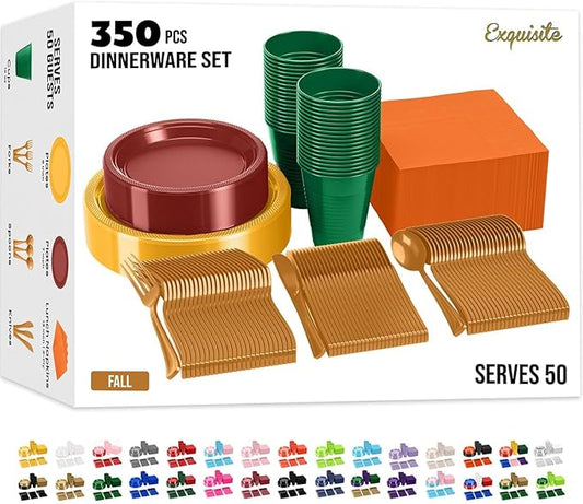 350 Pcs Thanksgiving Plastic Plates For Party, Thanksgiving Disposable Plates Set, 50 Of Each 9" Dinner Plate Set, 7" Dessert Plate, Cups, Napkins & Cutlery Plastic Dinnerware Exquisite