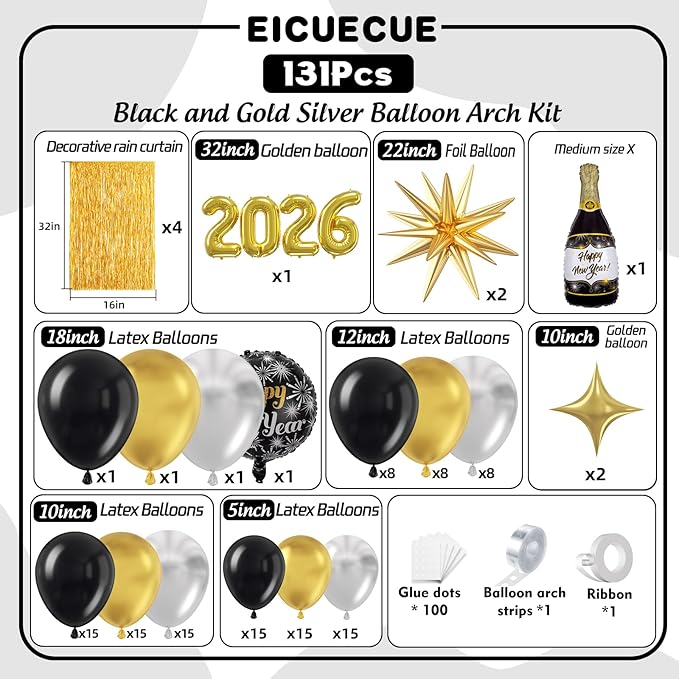 Black and Gold Silver Balloons Garland Arch Kit - Different Size Balloons Gold Fringe Curtain Backdrop for Graduation Birthday Anniversary New Years Theme Party Decorations