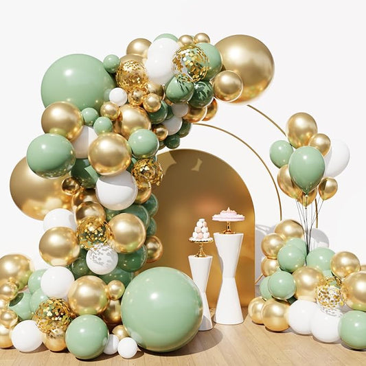 Lukiituke Sage Green and Gold Balloon Arch Kit, 134Pcs Sage Green Balloons, 4 Sizes Sage Green White and Gold Balloons for Baby Shower Wedding Bridal Birthday Party Decorations