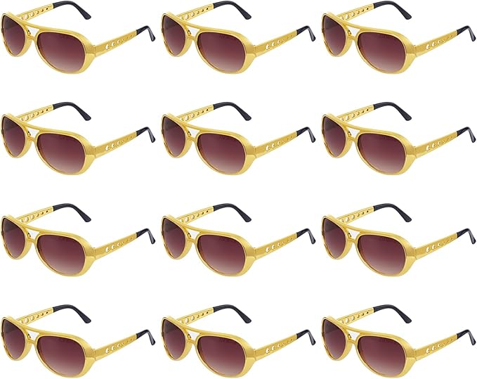 tiggell 12 pcs Disco Sunglasses 50s 60s Rock Star Cool Golden Costume Glasses for Halloween Cosplay Dress Up Christmas Birthday Party (Gold)