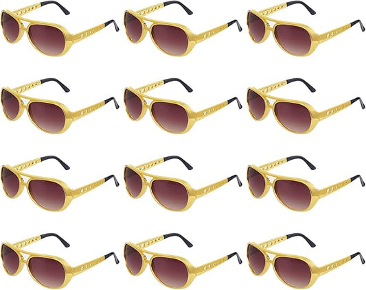 tiggell 12 pcs Disco Sunglasses 50s 60s Rock Star Cool Golden Costume Glasses for Halloween Cosplay Dress Up Christmas Birthday Party (Gold)