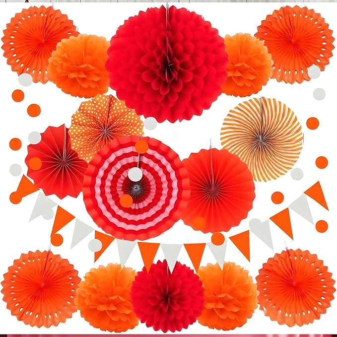 XIKSXITN 12 pcs Orange Paper Pom Poms Decorations for Party in 2 Colors,Ceiling Hanging Tissue Paper Flowers Decorations (8&10&12 inch)