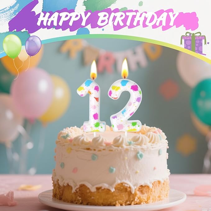 Paint Birthday Candles, Art Paint Party Decoration Supplies, Birthday Number Candles for Cake Topper (Multicolour, Number 12)
