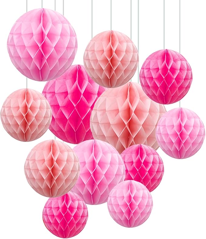ZOOYOO 12Pcs 6" 10" Honeycomb Balls Decorations Hanging Tissue Paper Pom Poms for Birthday Party Valentine's Day Wedding Girls Day Decorations(Pink)