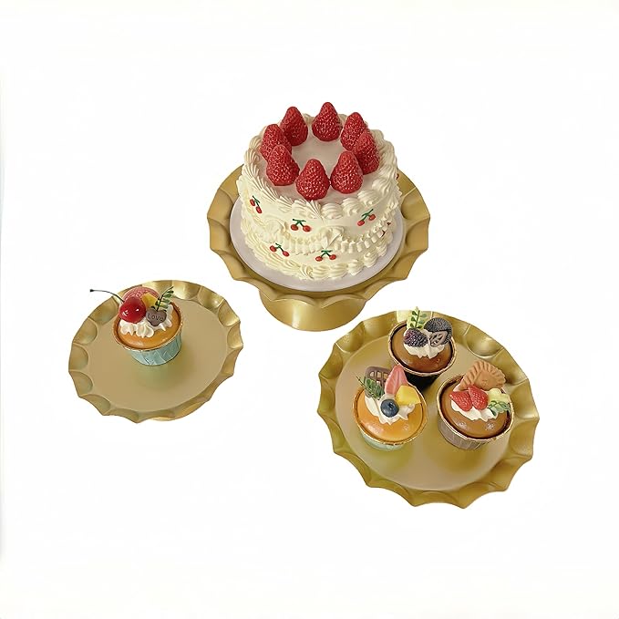3 Pcs Metal Cake Stand Set, Scalloped Edge Cupcake Tray Dessert Display Platter, Decorative Serving Stand for Wedding, Birthday, Tea Party,Baby Show(Gold)