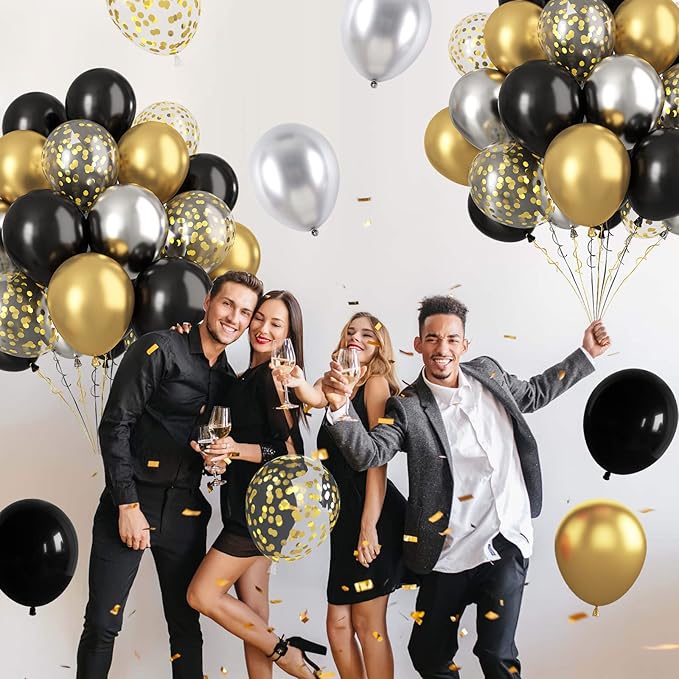 Paready Black and Gold Balloons, 60 Pcs 12 Inch Gold Confetti Balloon, Latex Party Balloons with Ribbons for Birthday Graduation Black Silver Party Wedding Engagement Anniversary Festival Decoration