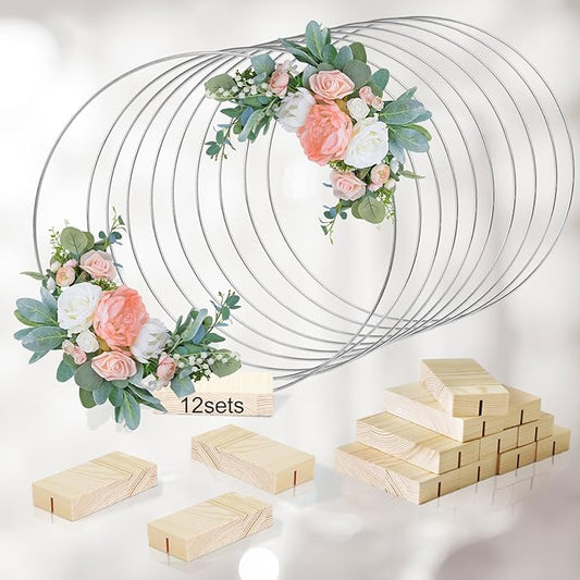 12Pcs 12 Inch Metal Floral Hoop Centerpiece With Stand for Table, Silver Center Pieces Decoration With Wood Base for DIY Wedding Decor Wall Hanging Crafts