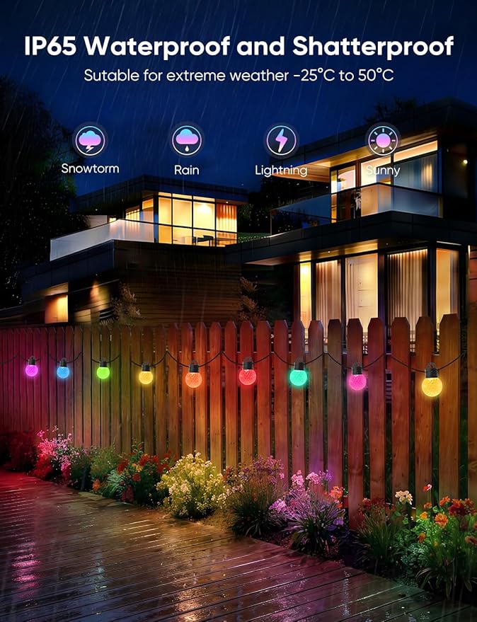APPECK Outdoor String Lights 100ft, RGBW Color Changing Patio Lights with 50 Dimmable LED Bulbs, 111 Scene Modes, IP65 Waterproof Lighting for Outside, Party, Backyard, Pool, Compatible with Alexa