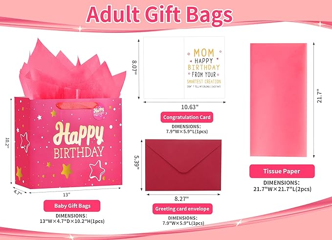 Powbrace 13" Pink Happy Birthday Gift Bag with Tissue Paper and Greeting Card for Party,Happy Birthday Gift Bag for Women Mother, Gift Bags Medium size(1 PCS Pink, Attach Mom Cards)