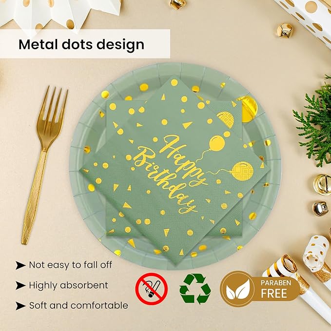 96PCS Happy Birthday Plates and Napkins Party Supplies, Sage Green and Gold Disposable Paper Plates and Napkins with Forks Tableware Set for Birthday Party Decorations 24 Guests (Birthday Sage Green)