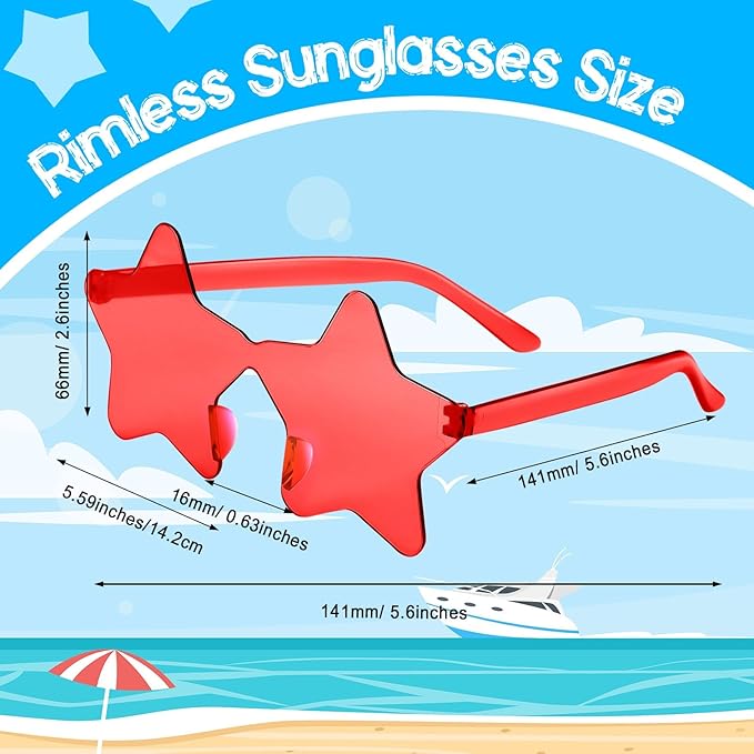 PLULON Red Star Sunglasses for Kids, 7 Pairs Red Star Sunglasses Rimless Star Shape Sunglasses, Star Glasses Bulk Bachelorette Sunglasses Star Party Favors for Birthday Beach Kids Adult