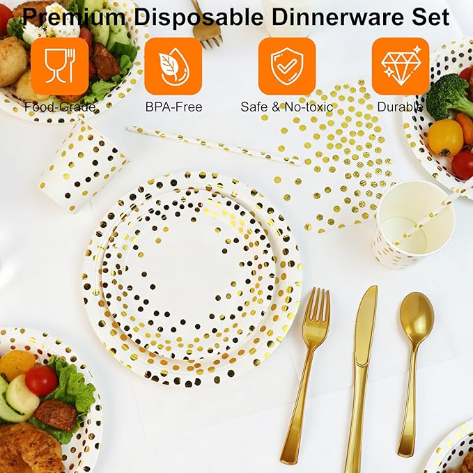 Party Supplies 402pcs White & Gold Plates and Napkins Sets - Disposable Dinnerware Sets for 50 Guests with Paper Plates Cups Straws Plastic Cutlery 2 Tablecloths - Bridal Shower Birthday Wedding