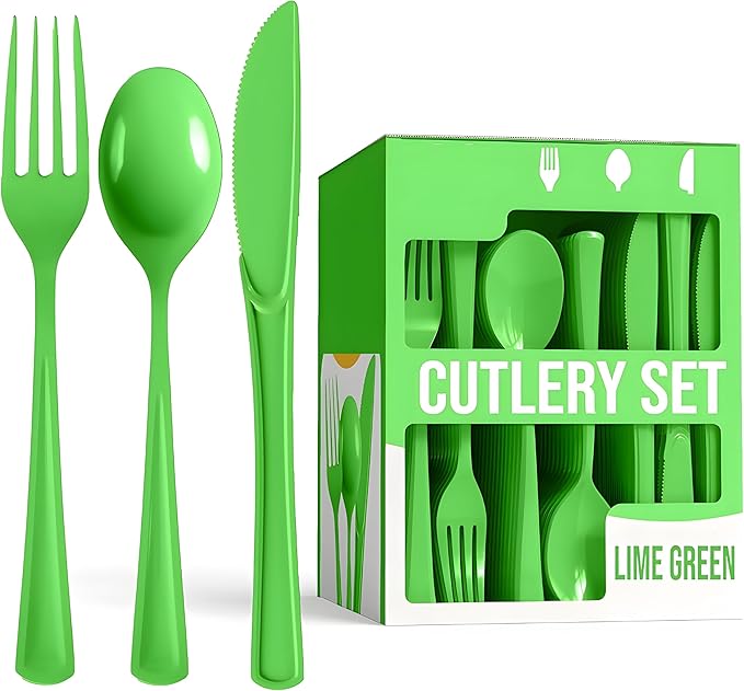 Heavy Duty Lime Green Plastic Cutlery Set – 90 Pieces Total (2 Packs of 45) – Includes 15 Forks, 15 Spoons, 15 Knives per Pack – Durable Party Utensils for Events, Catering, and Everyday Use