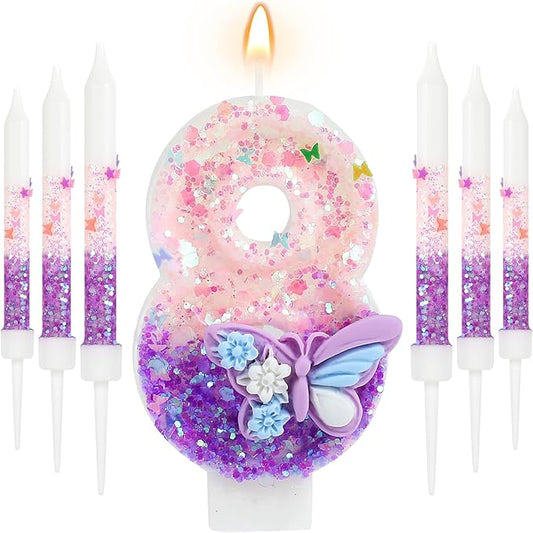 AKURIEEY Butterfly 8th Birthday Candle Purple Number 8 Candle with 6 Pcs Long Candles for Girls Cake Topper Cupcake Decor Party Decoration Anniversary Celebrations Supplies