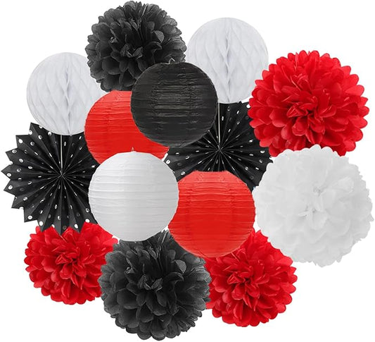 Black White-Red Party-Decorations Streamers Lanterns - 14pcs Birthday Graduation 2026 Paper Honeycomb Fan,Tissue Pom Poms,Men Women Wedding Baby Shower Backdrop Supplies Decor Ouruola