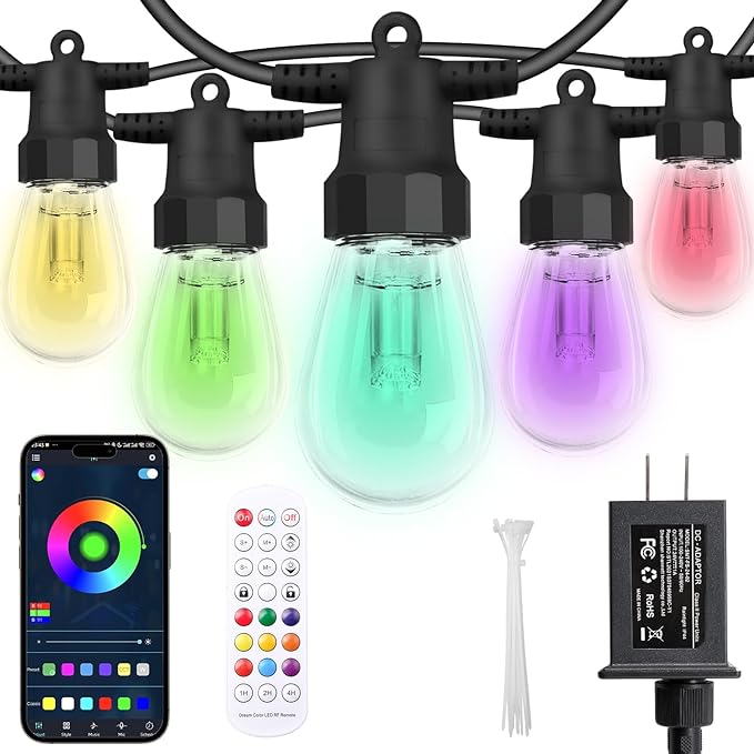 CAWWS Outdoor String Lights 75FT, Outdoor Lights for Patio with 30 Dimmable RGBW LED Bulbs, IP66 Waterproof Shatterproof, with APP Control & Remote, 24V Adapter Color Change,for Backyard Décor