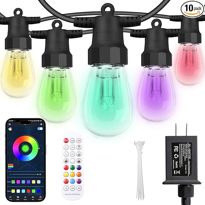 CAWWS Outdoor String Lights 27FT, Outdoor Lights for Patio with 10 Dimmable RGBW LED Bulbs, IP66 Waterproof Shatterproof, with APP Control & Remote, 24V Adapter Color Change,for Backyard Décor
