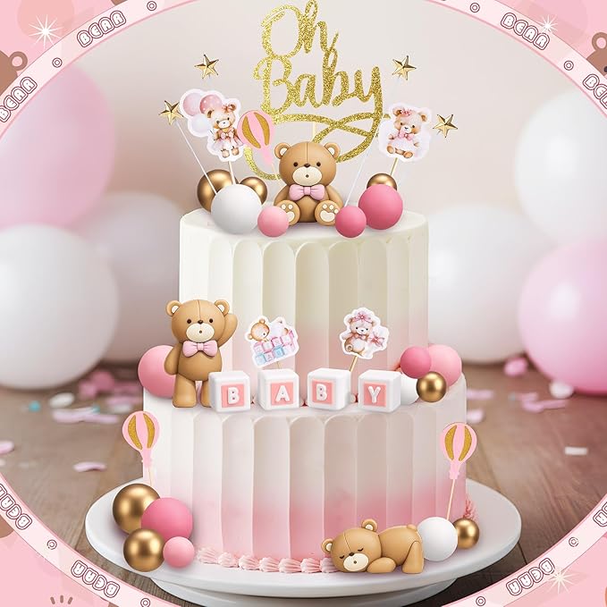Beeveer 42 Pcs Bear Cake Toppers Bear Balls Cake Decorations Baby Shower Cupcake Toppers Candle Decorations Supplies for Birthday Party Wedding Baby Shower(Pink)