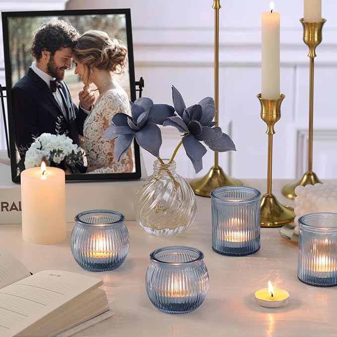 NITIME 12pcs Assorted Blue Votive Candle Holders for Wedding Decor, Ribbed Tea Lights Candle Holder, Glass Candle Holder for Table Centerpiece, Party and Holiday Decorations
