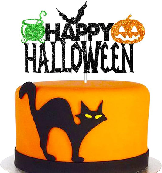 Happy Halloween Cake Topper, Halloween Party Decorations for Bat Pumpkin Medicine Jar Theme Birthday Party Supplies, Black Sparkle Happy Halloween Cake Decor