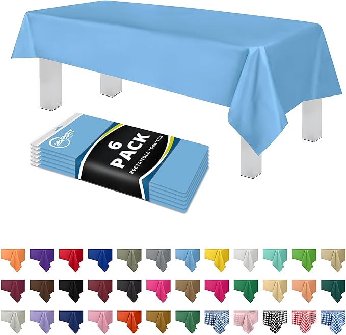 Grandipity Sky Blue Plastic Table Cloth Disposable (6 Pk) 54in x 108in Plastic Tablecloths for Rectangle Tables - Premium Party Table Cloths Disposable for 6ft to 8ft Rectangle Tables