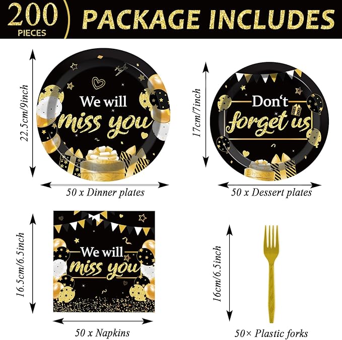 50 Guests We Will Miss You Plates and Napkins Party Supplies Farewell Party Decoration Disposable Paper Cake Tableware Set Black and Gold Goodbye Party Dinnerware Favor for Employee Retirement, 200PCS