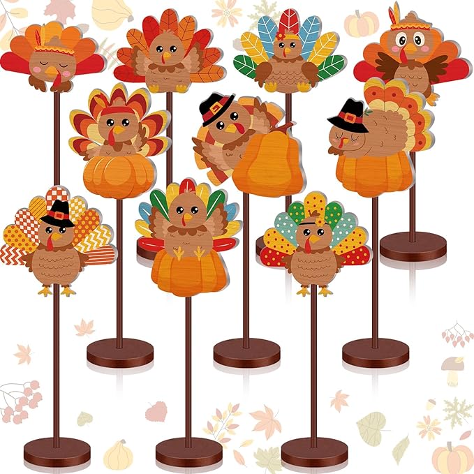 Geelin 10 Pcs Thanksgiving Turkey Decoration Wooden Turkeys Thanksgiving Table Sign Centerpiece Wood Tall Standing Block Set for Party Farmhouse Office Harvest Day Desk Decoration(Cute Turkey)