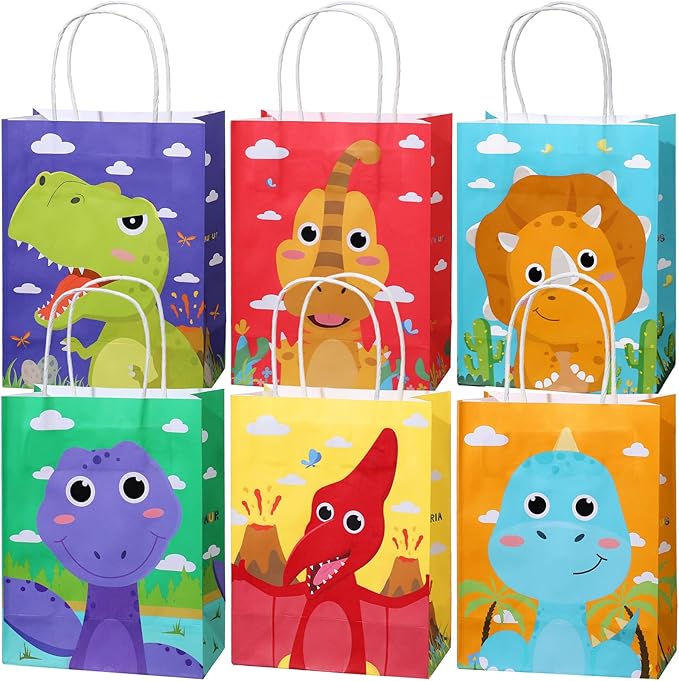 Pajean 24 Pcs Dinosaur Candy Bags with Handle, Dinosaur Party Favor Paper Bags Kids Gifts Goodie Treat Wrapping for Boys Girls Dino Theme Birthday Baby Shower Party Supplies(Cartoon Style)